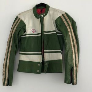 Euro Leathers Green leather jacket with white stripes lightly worn